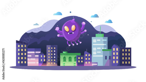 Cartoon style purple monster with multiple arms hovering above a colorful city skyline at night