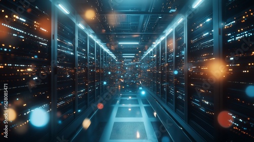 A modern server room with rows of data servers and blinking lights, transmitting digital data and information