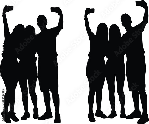 Friends taking selfie silhouette, group of people with smartphone, happy moments together, black shadow vector illustration, social media photo concept