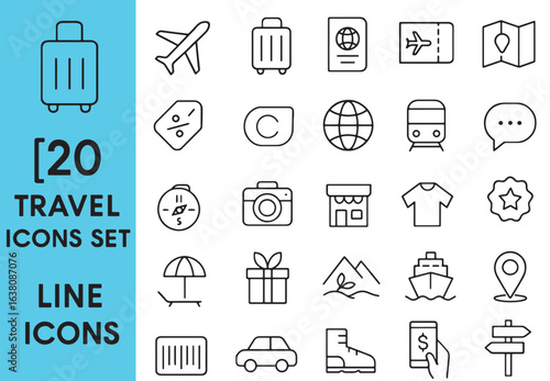 Twenty Travel Icons Line Set for Summer Vacation and Holiday Planning and Tourism with Simple Outline Style
