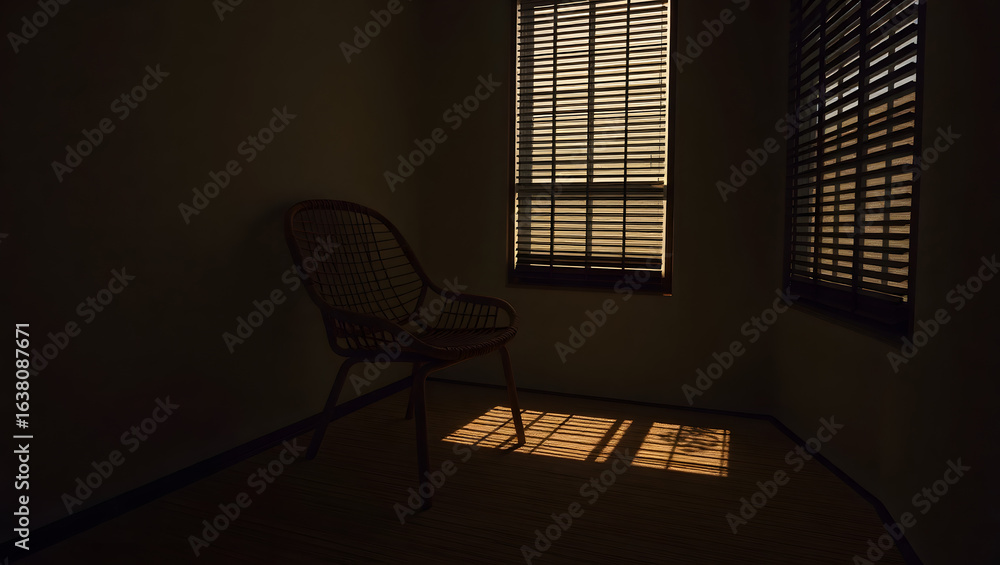 Fototapeta premium A solitary chair in a dimly lit room with sunlight streaming through the window, casting shadows on the floor