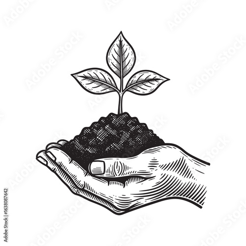 Hand drawn illustration of a hand holding a small plant seedling, symbol of growth, nature, and environmental protection.
