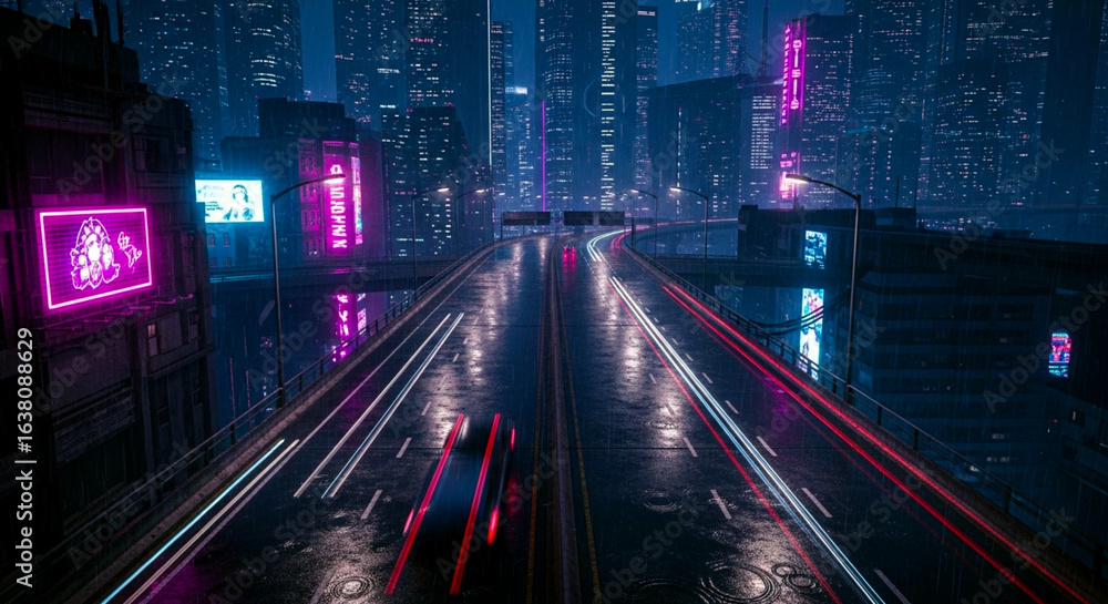 Fototapeta premium Cyberpunk Elevated Highway at Night with Neon Reflections, Rain-Soaked Roads, and Dramatic Vehicle Light Streaks