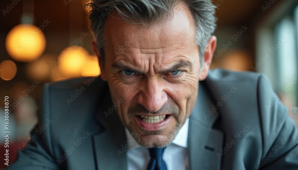 Fototapeta premium Close-up of angry man in suit, furrowed brow, glaring eyes, teeth bared in aggressive grimace. Business executive shows intense frustration, displeasure, pointing finger. Office conflict, yelling,