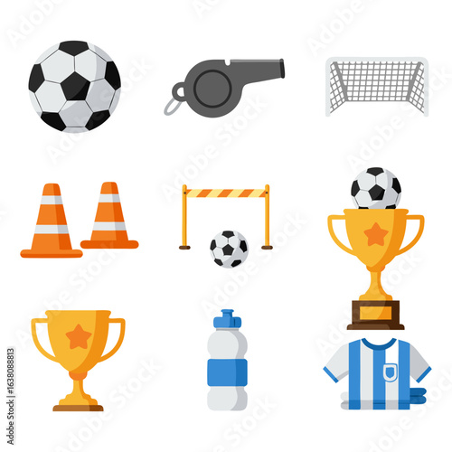 A complete collection of flat vector icons for soccer training and competition, including a ball, goal, whistle, and trophy