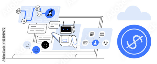 Robot assistant managing conversations through chat bubbles, analyzing emotive icons, and linking tools thumbs up email and phone to a cloud-based system. Ideal for automation, customer service