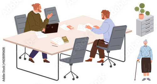 Two colleagues collaborate on documents at a table with office chairs, laptop, files, and plants. Nearby, an elderly woman with a cane stands. Ideal for teamwork, planning, workplace senior care
