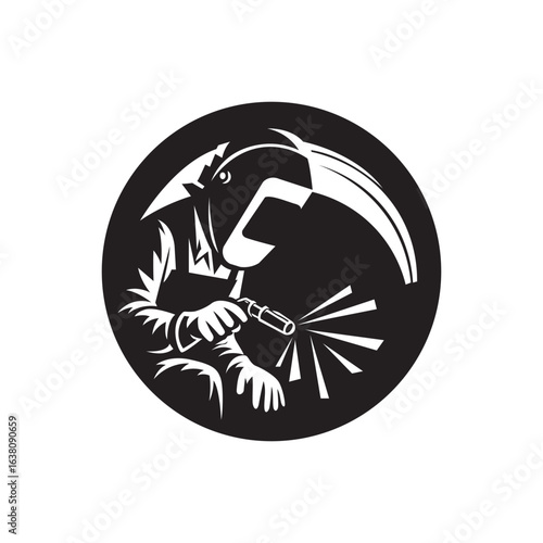 Welder Silhouette in Protective Gear with Sparks. Black vector icon of welder in helmet creating sparks inside circle.