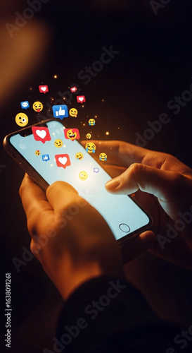 Hands Holding Smartphone with Floating Social Media Icons and Reactions in Warm Lighting on Dark Cinematic Background