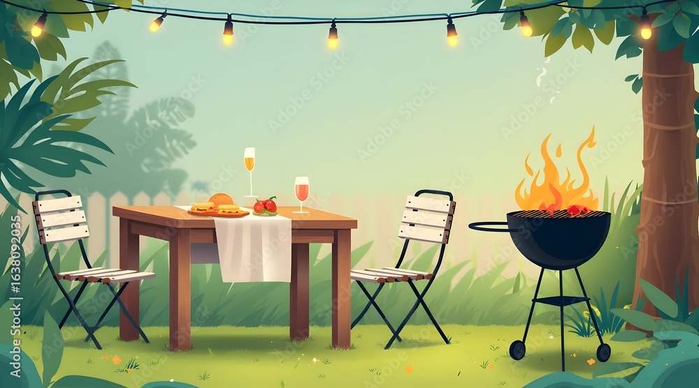 Obraz premium Outdoor Backyard Barbecue Scene with Wooden Table and Grill