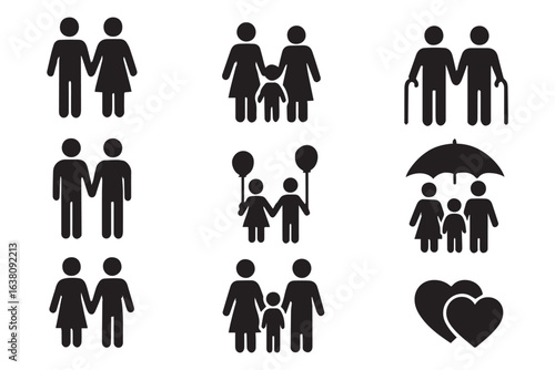 Family icons set. Containing parents, mother, father, children, baby, grandparents and household icons. Vector illustration.
