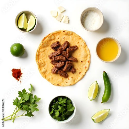  Ingredients for a Beef Taco. Top Down View of Tortilla, Meat, and Toppings on a White Backgroun