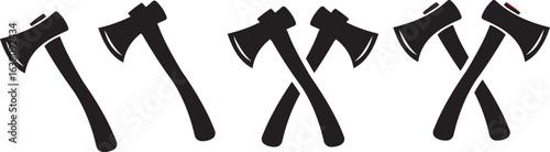 Crossed Axe and Tree Stump Silhouette Icons – Minimal Lumberjack and Woodcutter Vector Illustration.