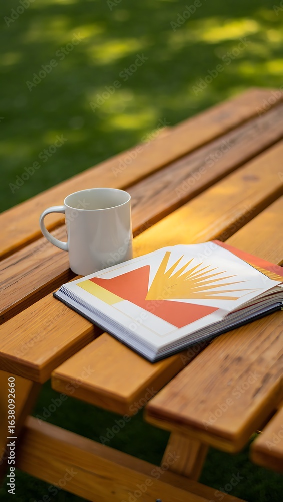 Naklejka premium Serene Picnic Table Setting with Coffee and Art Book on Sunny Day in the Park