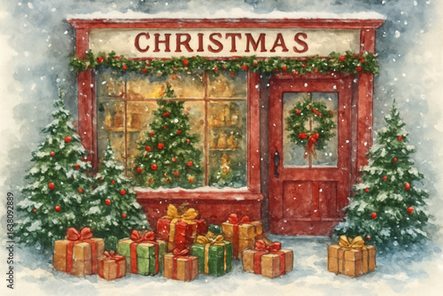 Watercolor Christmas Storefront Illustration with Trees and Gifts in Snow