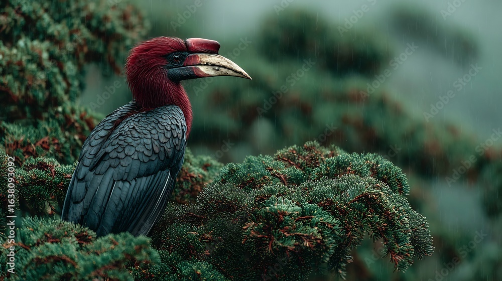 Naklejka premium Stunning Rufous Hornbill perched among lush pine boughs during a gentle rainfall in its natural habitat