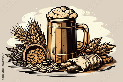 Illustration of a beer mug with wheat and grains in a rustic style