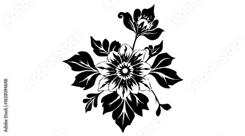 Elegant black and white floral illustration, featuring a large central bloom and accompanying buds and leaves, rendered in a stylized design.