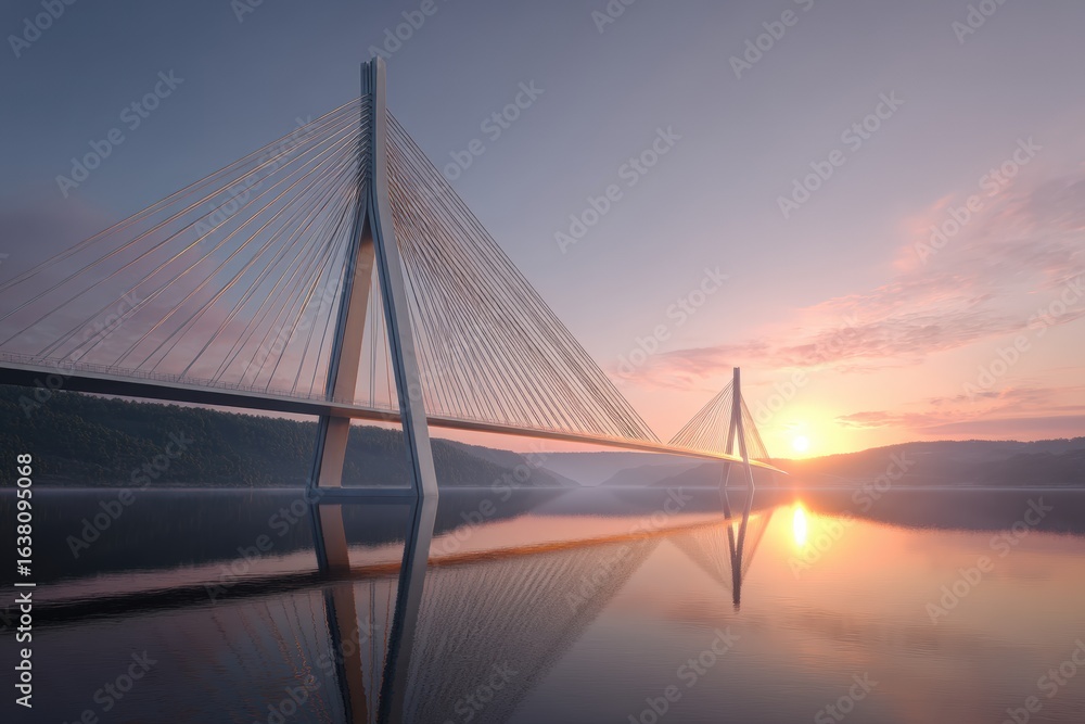 Obraz premium Modern bridge spanning wide river connecting two symbolic nations, sunrise reflecting new hope.