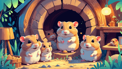 Cute hamsters with cheerful expressions gathered at their cozy burrow in a vibrant forest setting
