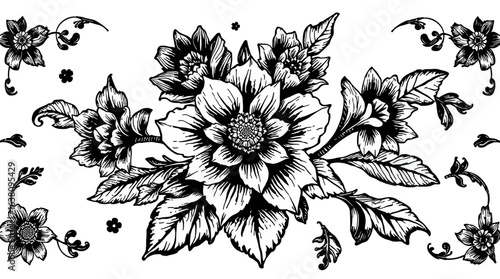 Intricate black and white floral illustration featuring blooming flowers, leaves, and decorative flourishes.