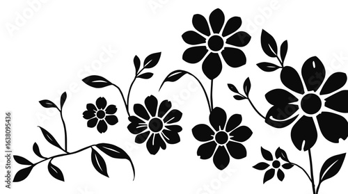 Black silhouette illustration of various flowers and leafy stems arranged against a white background.