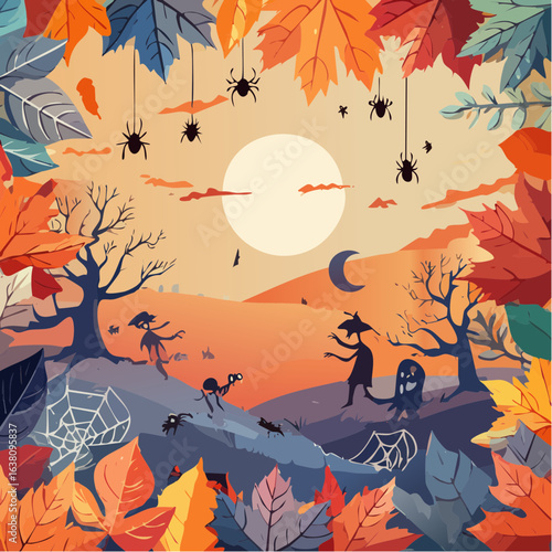 drawn Halloween autumn frame background illustration with zombie, spiders and pumpkins. Mark point design collection for halloween design element