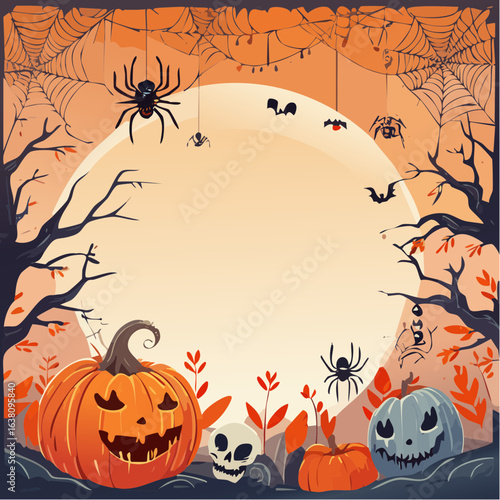 drawn Halloween autumn frame background illustration with zombie, spiders and pumpkins. Mark point design collection for halloween design element