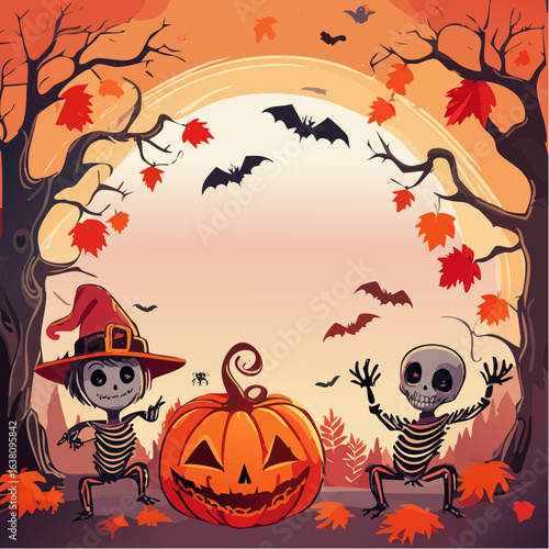 drawn Halloween autumn frame background illustration with zombie, spiders and pumpkins. Mark point design collection for halloween design element