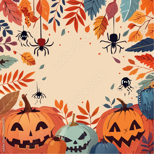 drawn Halloween autumn frame background illustration with zombie, spiders and pumpkins. Mark point design collection for halloween design element
