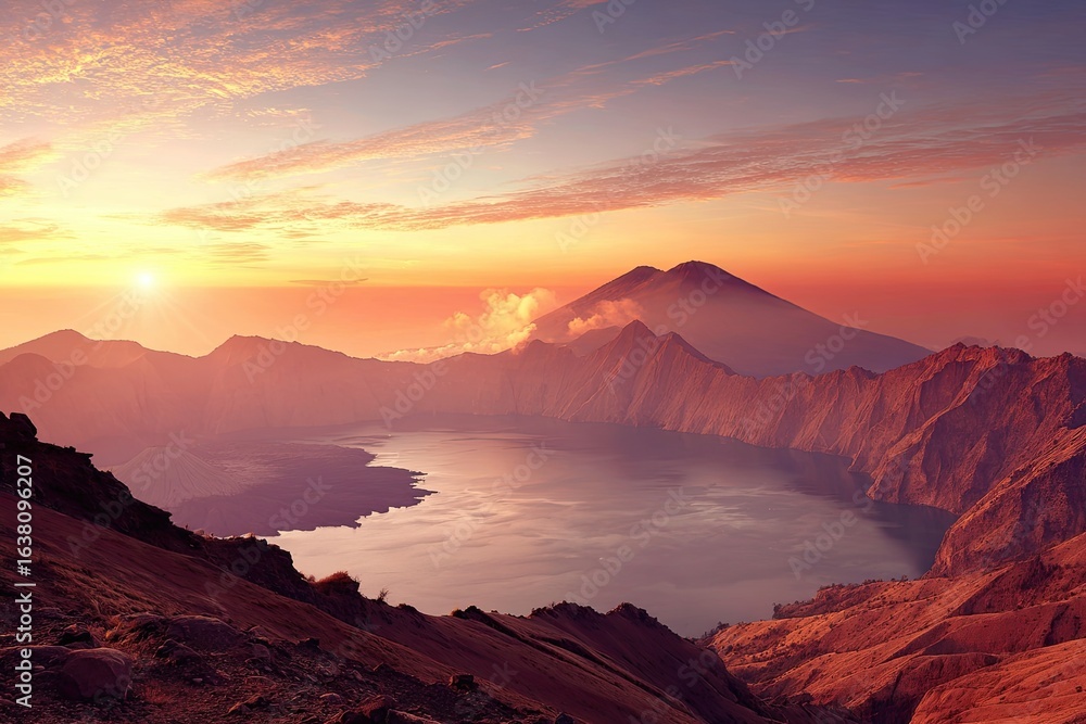 Naklejka premium Volcanic caldera lake at sunrise