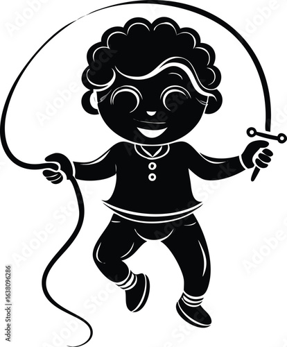 A silhouetted child joyfully jumps rope, centered, against a white background; the scene evokes a playful, energetic mood with simple, clean lines.
