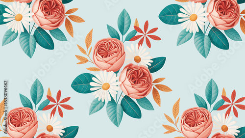 Watercolor Floral Pattern with Roses and Daisies for Backgrounds and Textiles Design Ideas Featuring Soft Colors