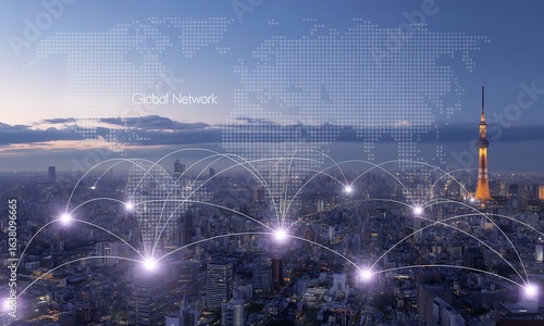 Global network connections overlaid on a cityscape at twilight, highlighting international communication and global interconnectedness.