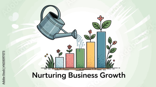 Illustration of watering can nurturing bar graph plants with flowers, symbolizing business growth, development, and strategic investment