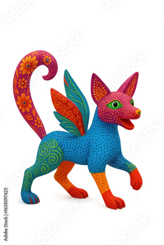 Alebrije, colorful mexican folk art sculpture of a winged dog with transparent background