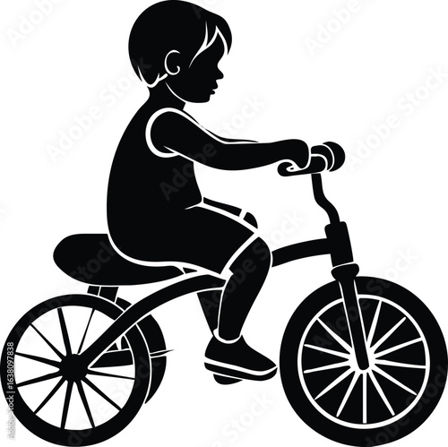 A silhouetted young boy rides a tricycle, side view, against a white background, creating a simple, graphic, and nostalgic ambiance.
