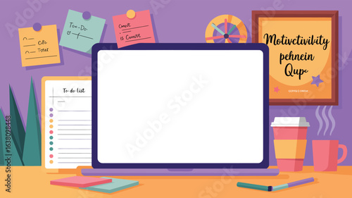 Creative workspace with laptop, sticky notes, coffee, and to-do list, representing productivity, planning, and digital content creation