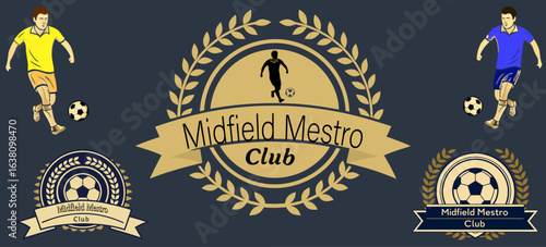 Midfield Maestro Club Soccer Emblems and Badges Featuring Players, Laurel Wreaths, and Classic Football Design for Sports Branding