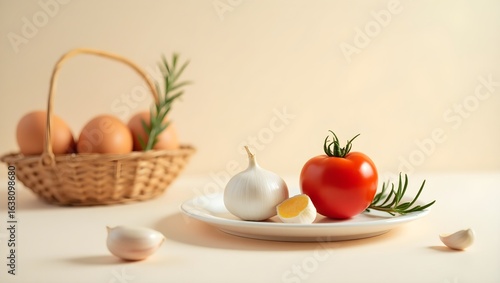  Farm Fresh Ingredients. A Basket of Eggs and a Plate with a Tomato, Garlic, and Rosemary.