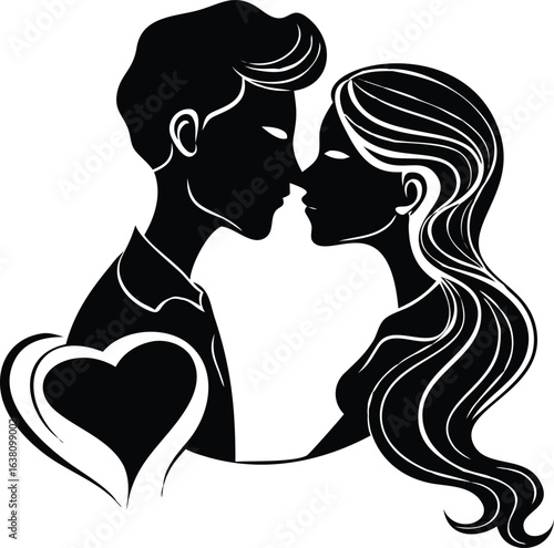 Silhouetted couple, noses touching, framed by a heart; black on white, romantic, stylized illustration, close-up, intimate, tender, with flowing hair and sharp lines.
