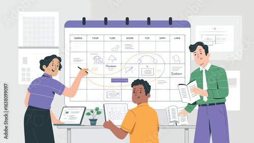 Team planning session with calendar and laptop, discussing schedule and strategy in modern workspace with collaborative tools and visuals