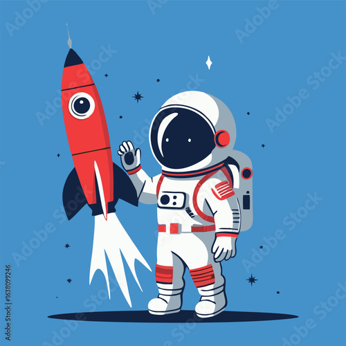 Adorable astronaut character dabbing with enthusiasm on a sparkling rocket, with a backdrop of swirling galaxies and shooting stars.