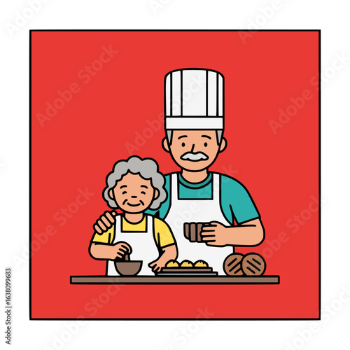 Smiling baker guiding senior assistant in mixing ingredients and shaping dough for freshly baked homemade bread