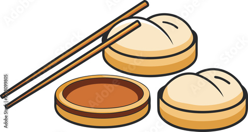 Indulge in steamed dumpling bliss served in bamboo baskets with chopsticks and a savory dipping sauce.