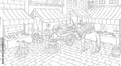 A detailed line art illustration of a blacksmith forging metal in a bustling medieval town square marketplace