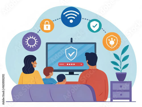 Cybersecurity Awareness, Family enjoying secure internet streaming at home with protective icons displayed.