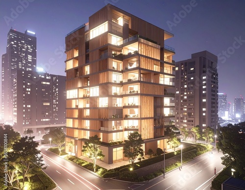 Sustainable futuristic Japanese cityscape with modern wooden high-rise buildings and illuminated night streets / 近未来の日本の都市景観と環境に配慮した高層木造ビル群 夜景