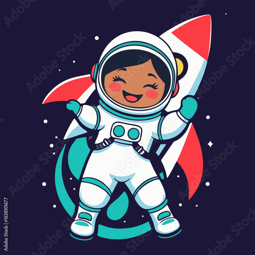 Endearing astronaut dabbing playfully on a cartoon rocket, with a trail of colorful cosmic dust and friendly space critters cheering from nearby asteroids.