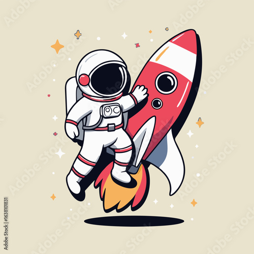 Adorable astronaut character dabbing excitedly on a rocket, with a backdrop of swirling galaxies and colorful meteors streaking by.